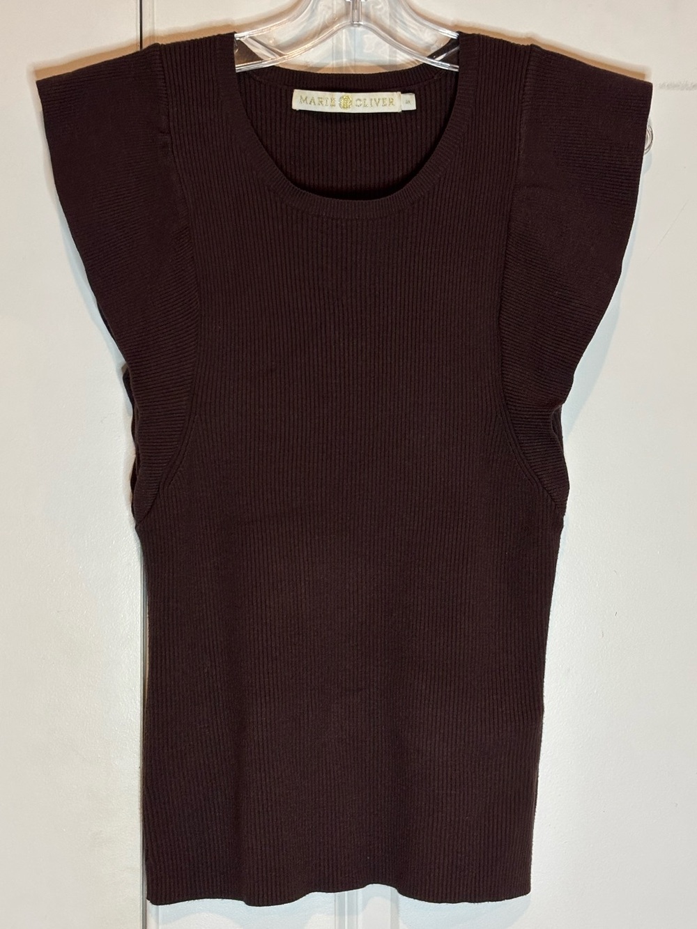 Mary Oliver Rory Dark Brown Sleeveless Ruffle Shoulder Ribbed Sweater Tank Top M